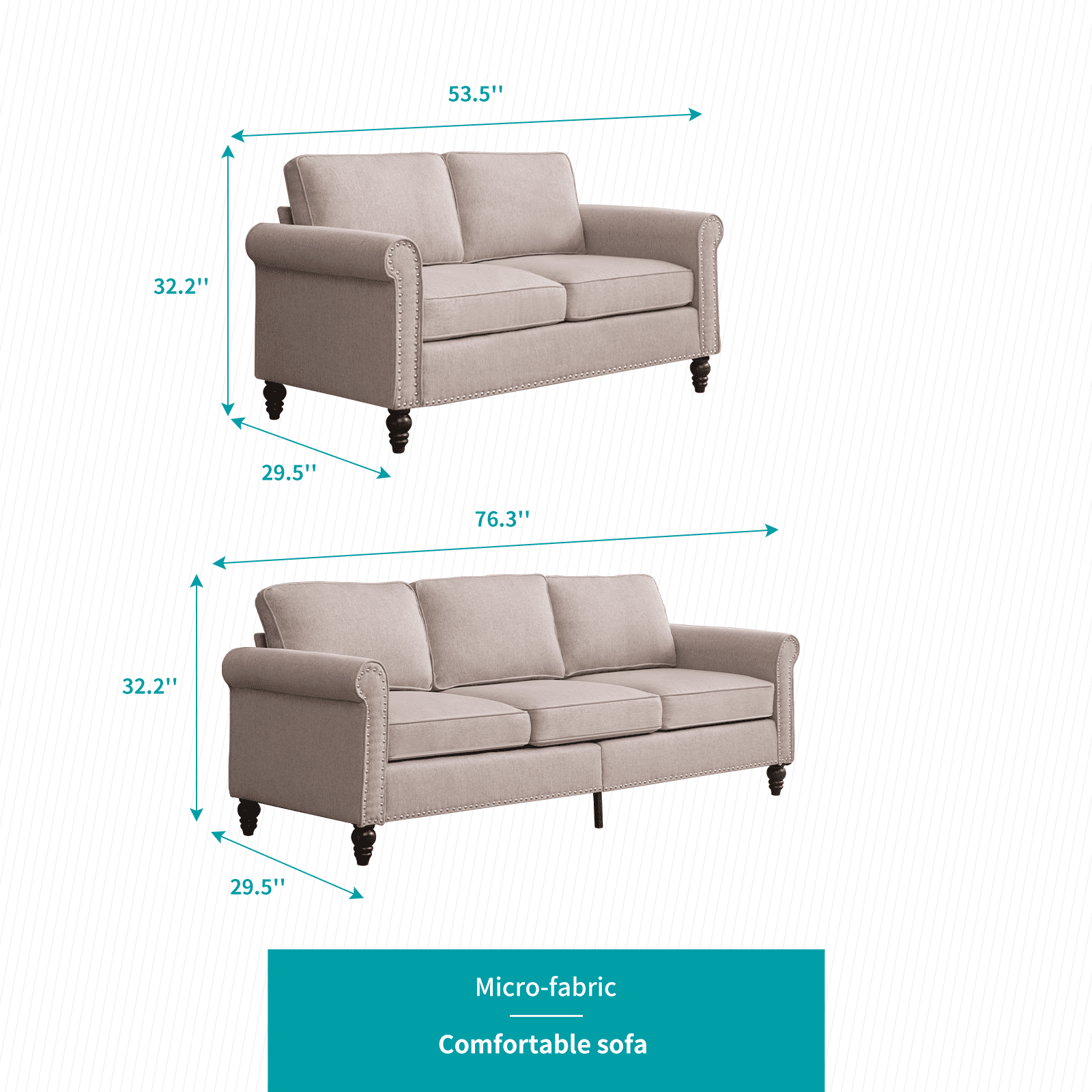 MUZZ Living Room Furniture Sets with 5.9"Upholstered Cushion, 3-Seater Sofa Couch and Loveseat, Sofa Set for Living Room(Beige)