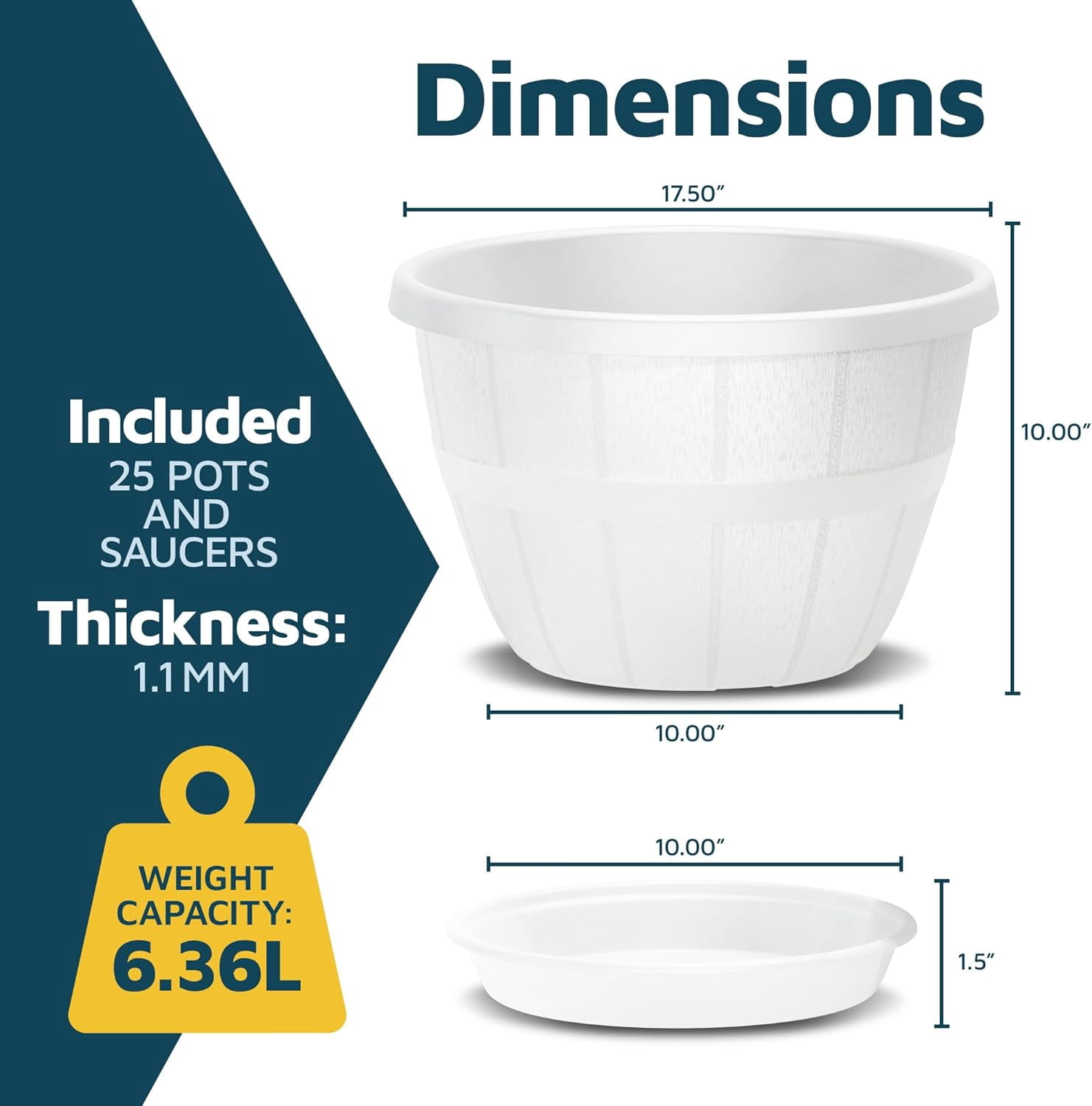 10-Inch Whiskey Barrel Planters Outdoor Pack of 25 - Durable Plastic Plant Pots for Indoor & Outdoor Use with Drainage & Saucer, Lightweight Rustic Barrel Planters for Flowers, Herbs & Small Plants