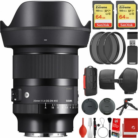Sigma 20mm f/1.4 DG DN Art Lens for Leica L-Mount Bundle with 2x 64GB SDXC Extreme Memory Card, 3-Piece Filter Kit, Wrist Strap, Card Reader, Memory Card Case, Tabletop Tripod