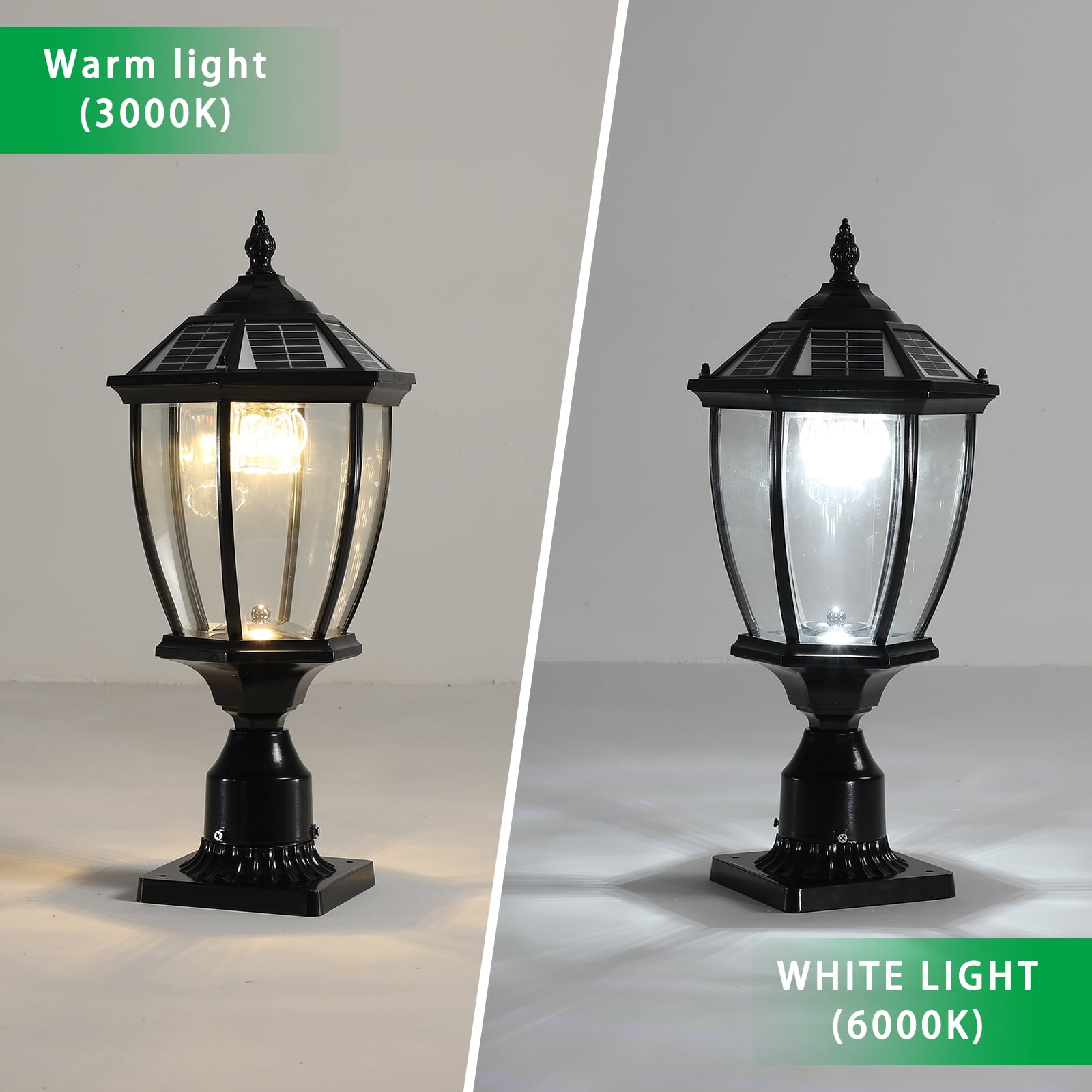 Solar Lamp Post Light, 20in (H) 3000/6000K 120 Lumens Outdoor Post Lights with Pier Mount Base, IP65 Waterproof Outdoor Lighting for Garden,Yard,Gate 2 pack