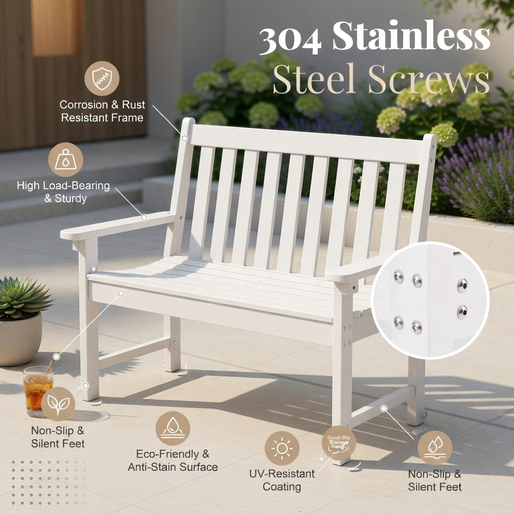 Hommoo 52" All-Weather HDPE Outdoor Bench, Weatherproof, Eco-Friendly, Heavy-Duty Patio Bench with Backrest & Armrests, White