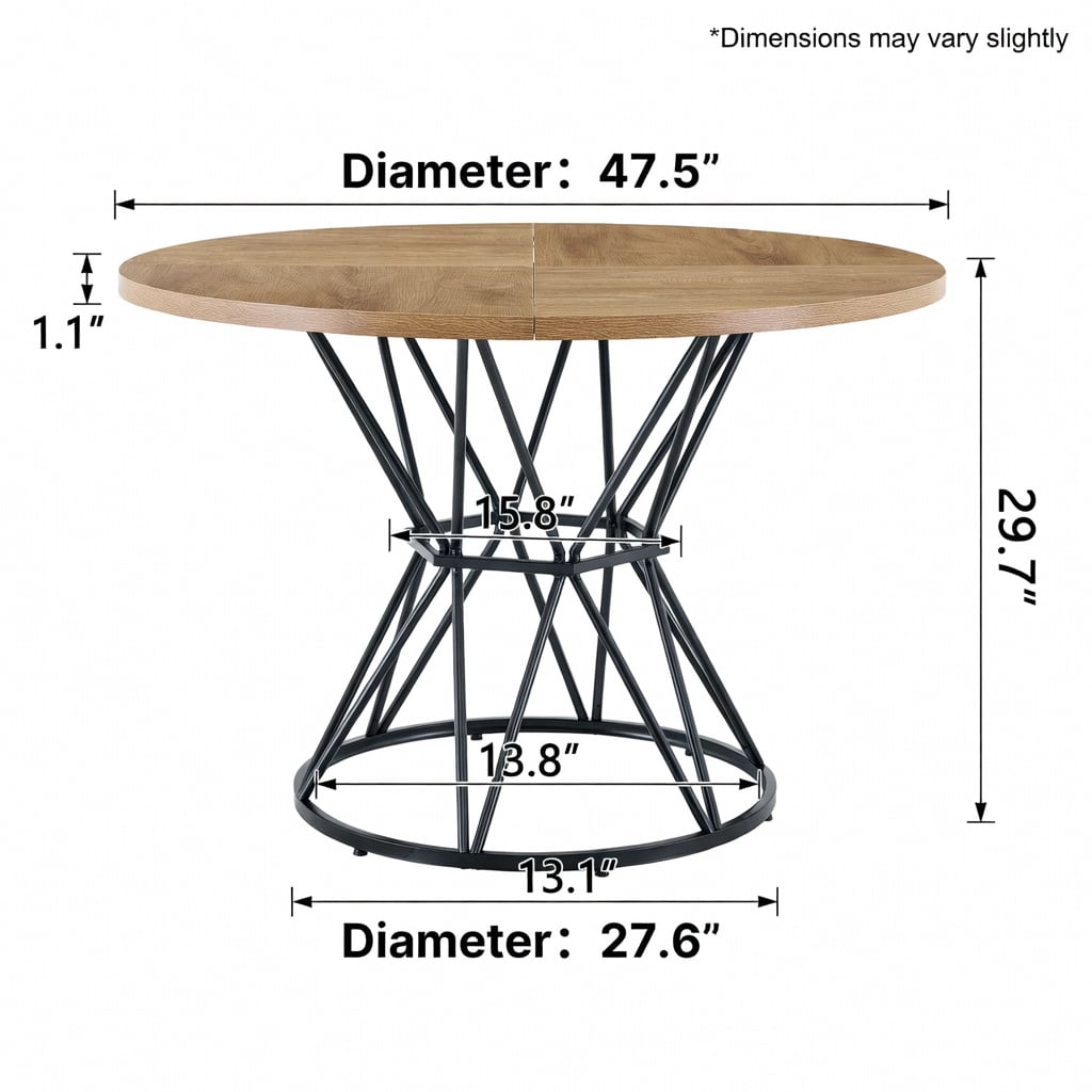 Hommoo 47.3-inch Round Dining Table for 4-6 People, Light Wood Grain MDF Top & Hourglass Metal Base, Modern Industrial Style Kitchen or Dining Room Table, Natural & Black
