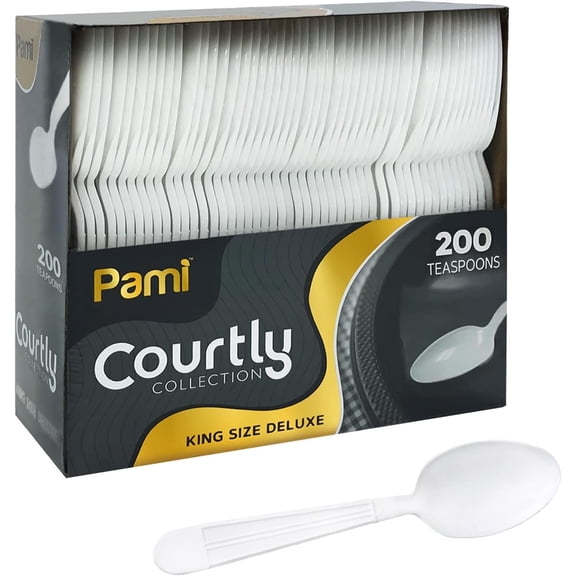 PAMI Heavy Duty Disposable White Plastic Teaspoons, 200 pack, Cutlery for Parties & Catering