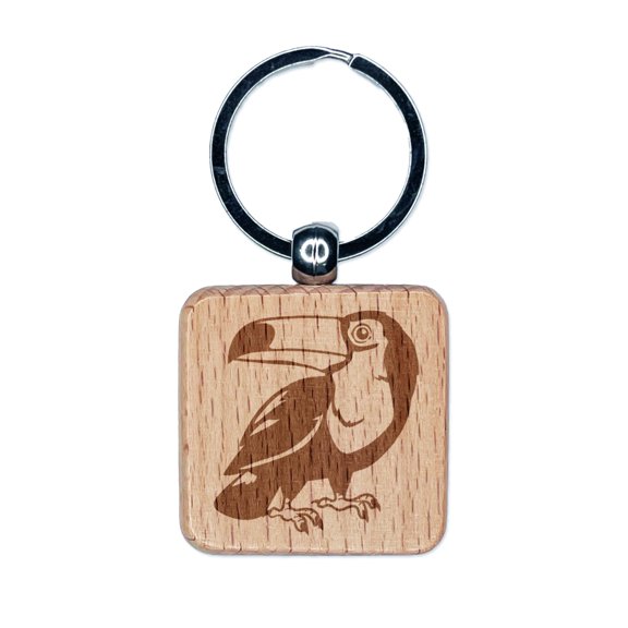 Curious Toco Toucan Bird Square Keychain Charm Tag - Engraved Wood