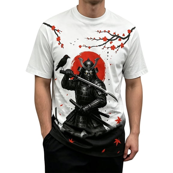Men Japanese Samurai Dragon Graphic Crew Neck T-Shirt, Loose Fit Short Sleeve Cool Oriental Print Basic Tee Summer Street Casual Daily Tops(Black1,XXXXXL)