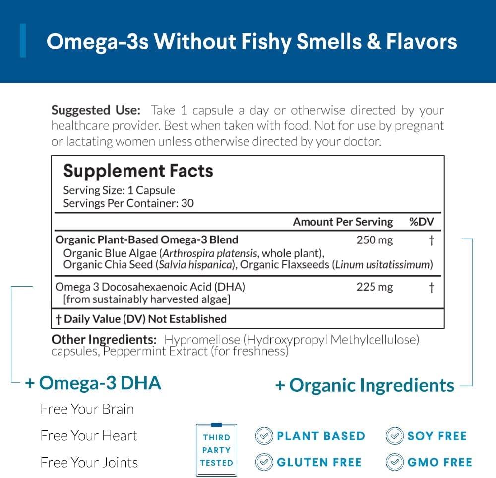 Nutritional Roots Vegan Omega-3, Plant-Based Marine DHA, Omega-3 Blend: Organic Algae, Organic Chia, and Organic Flax Seed, Third-Party Tested, Doctor's Choice, 30 Servings