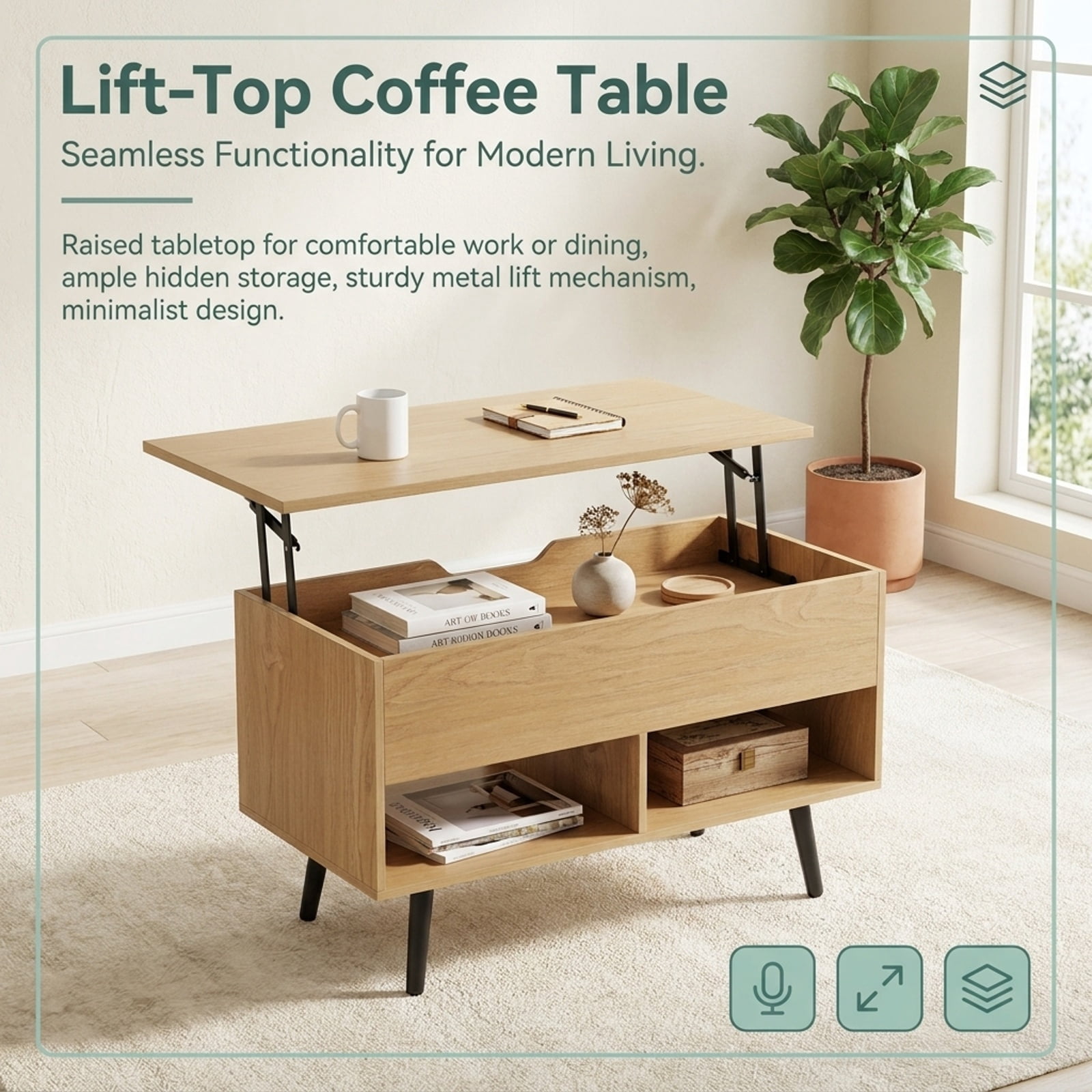 Furnibear 31.5 Inch Lift Top Coffee Table with Hidden Storage Compartment and 2 Open Shelves a Modern Living Room Center Table, Natural