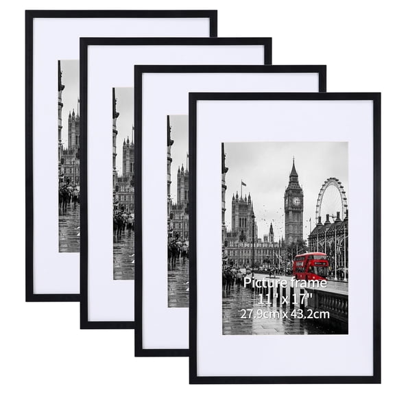 11x17 Picture Frame Set of 4, Matted 8x12 Pictures with Mats, 11 x 17 Poster without Mat for Wall Hanging Display, Black