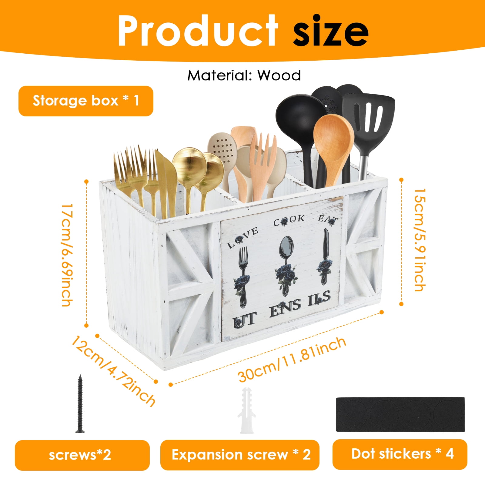 Tzdxfgl Wood Kitchen Utensil Holder for Countertop, Silverware Organizer with 3 Compartments, Large, White