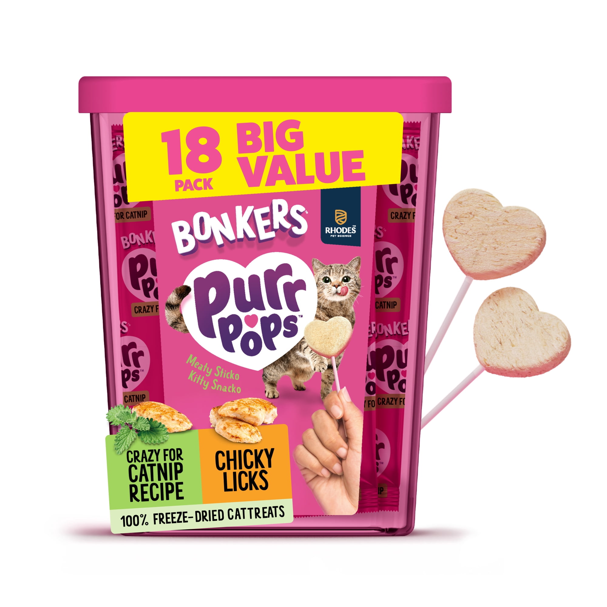 BONKERS Purrpops, Freeze Dried Chicken & Dried Catnip Lollipops Cat Treats, 18 Pieces