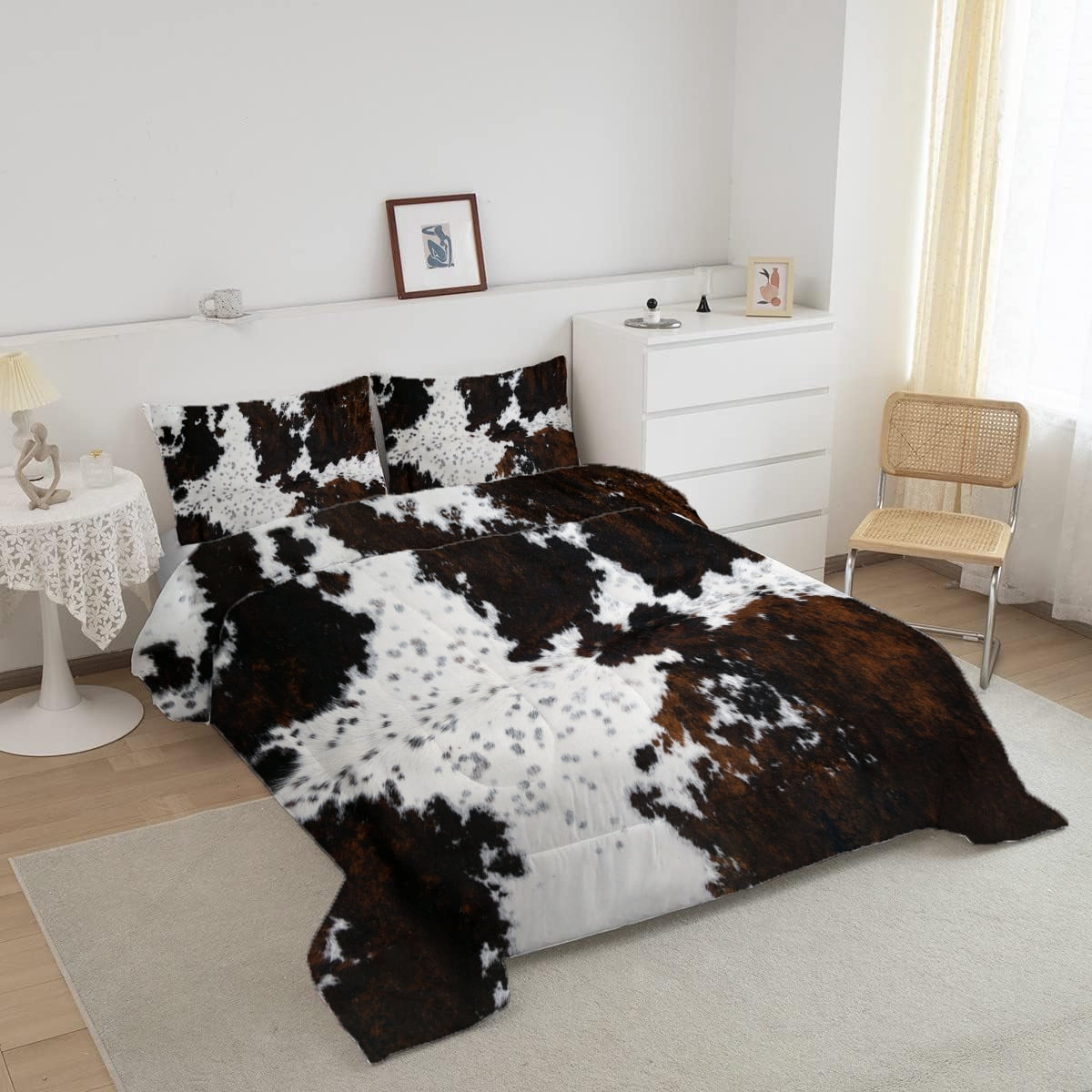 Psoiuetr Brown Rustic Cowhide Comforter Set Full 3 Pieces Black White Cow Skin Print Western Farmhouse Bedding Set