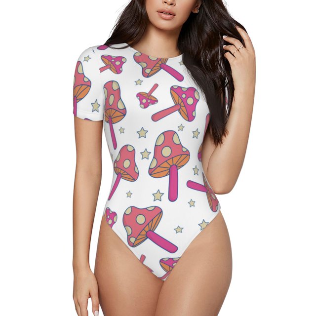Fotbe Purple Mushroom Body de Mujer con Cuello Redondo y Mangas Cortas, Sin Mangas Ajustado, Suave, Cómodo y Básico-XX-Large