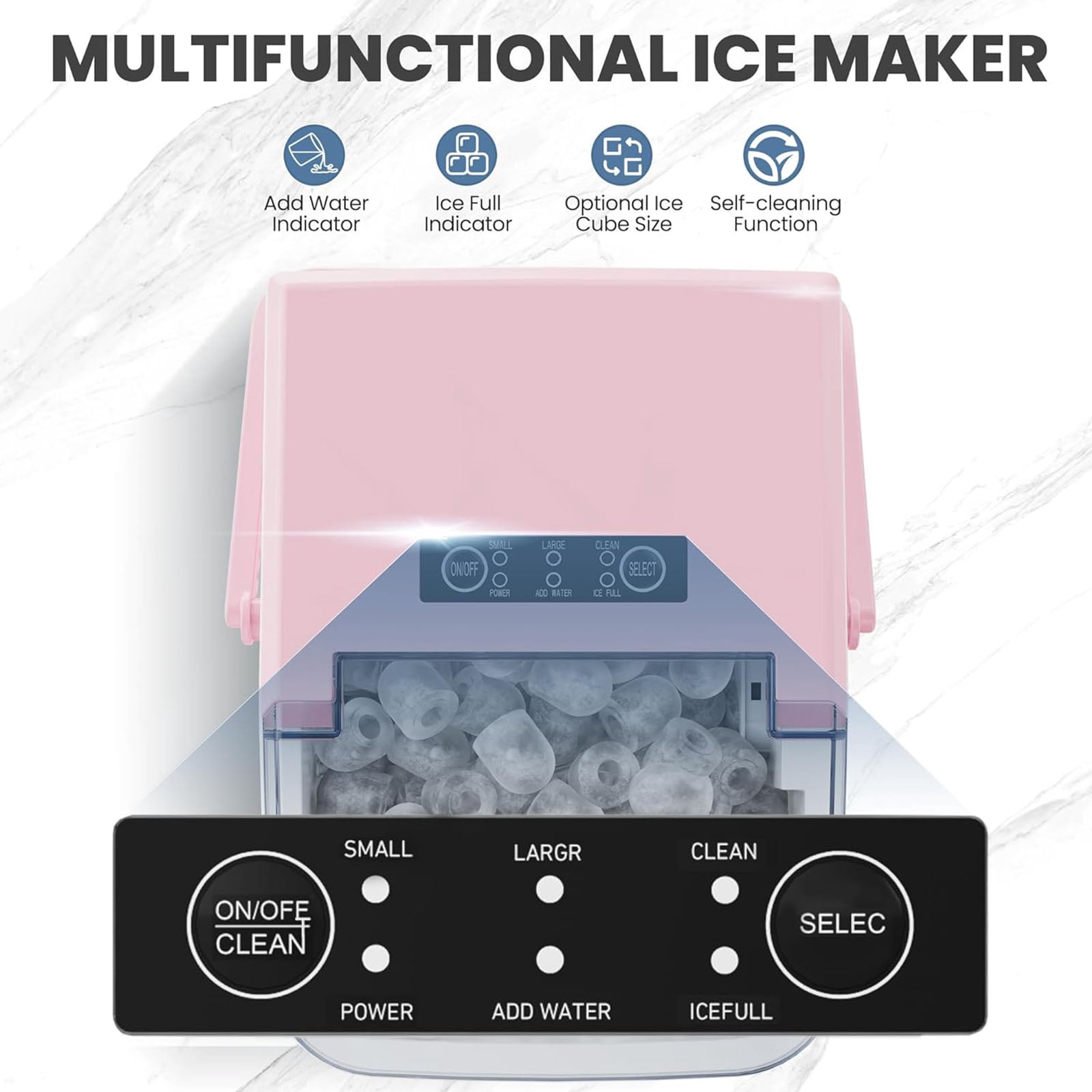 Casabay Portable Countertop Ice Maker with Handle, 6 Mins 9 Ice Cubes, Self-Cleaning, 24H High Output for Home, Parties & Camping, Pink