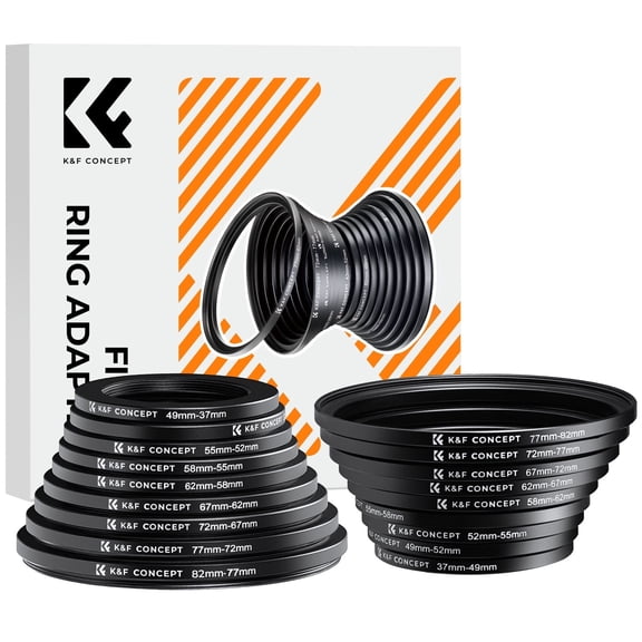 K&F CONCEPT 18 Pieces Filter Ring Adapter Set, Camera Lens Filter Metal Stepping Rings Kit (Includes 9pcs Step up Ring Set   9pcs Step Down Ring Set) Black