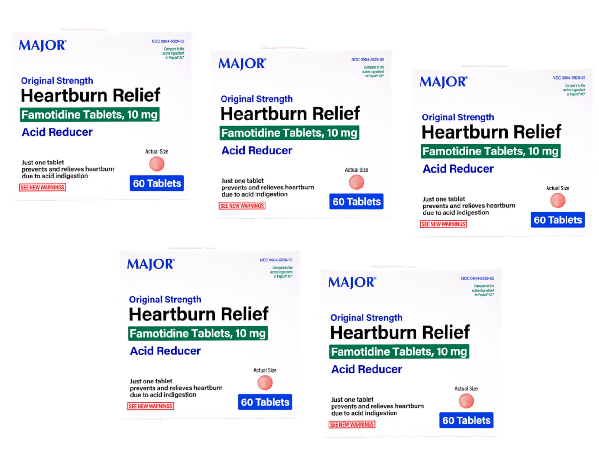 (5 pack) Major Famotidine Heartburn Relief (Acid Reducer), 10mg Original Strength, Unisex Adult, Pink Round Tablets, Flavorless, 30 Count
