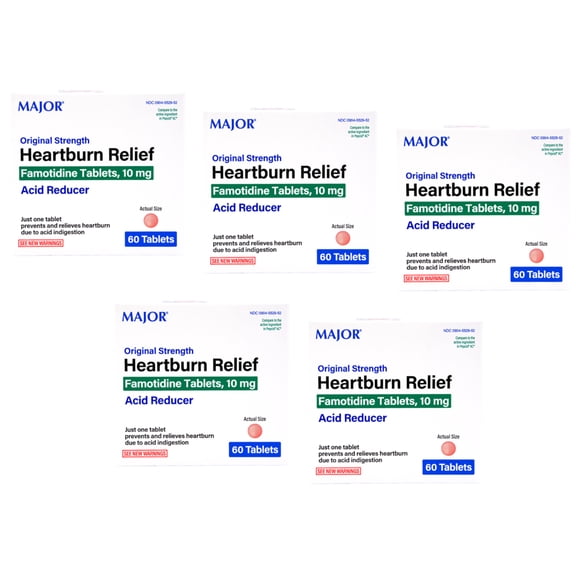 (5 pack) Major Famotidine Heartburn Relief (Acid Reducer), 10mg Original Strength, Unisex Adult, Pink Round Tablets, Flavorless, 30 Count,
