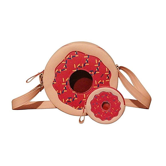 SET de 2 Piezas: BOLSA y MONEDERO en forma de DONA DE FRESA CON CHISPAS , Diseño de Comida PAN DULCE, Correa Ajustable, Moda Kawaii, Novedoso y Encantador, Color Rosa.