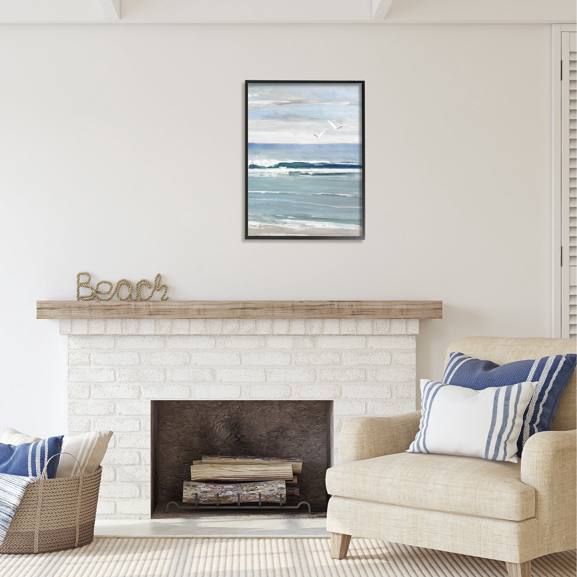 Stupell Industries Seagulls Over Shore Nature Painting Black Framed Art Print Wall Art, 24 x 30