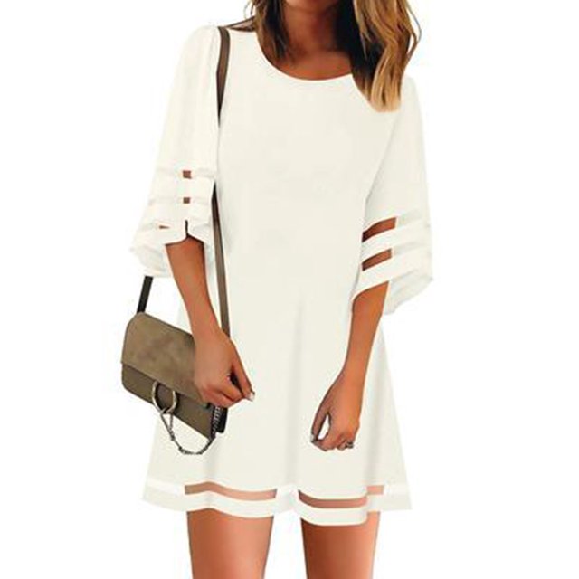 Daeful Robes Courtes Manches Été Plage Robe d'Été Mini Robe Unie Dames Aguichant Bohème Col Rond Blanc m