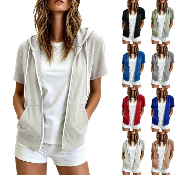 BXJX Womens Hoodies with Zipper, Short Sleeve Lightweight Casual Drawstring Athletic Jackets with Pockets White Size S-2XL