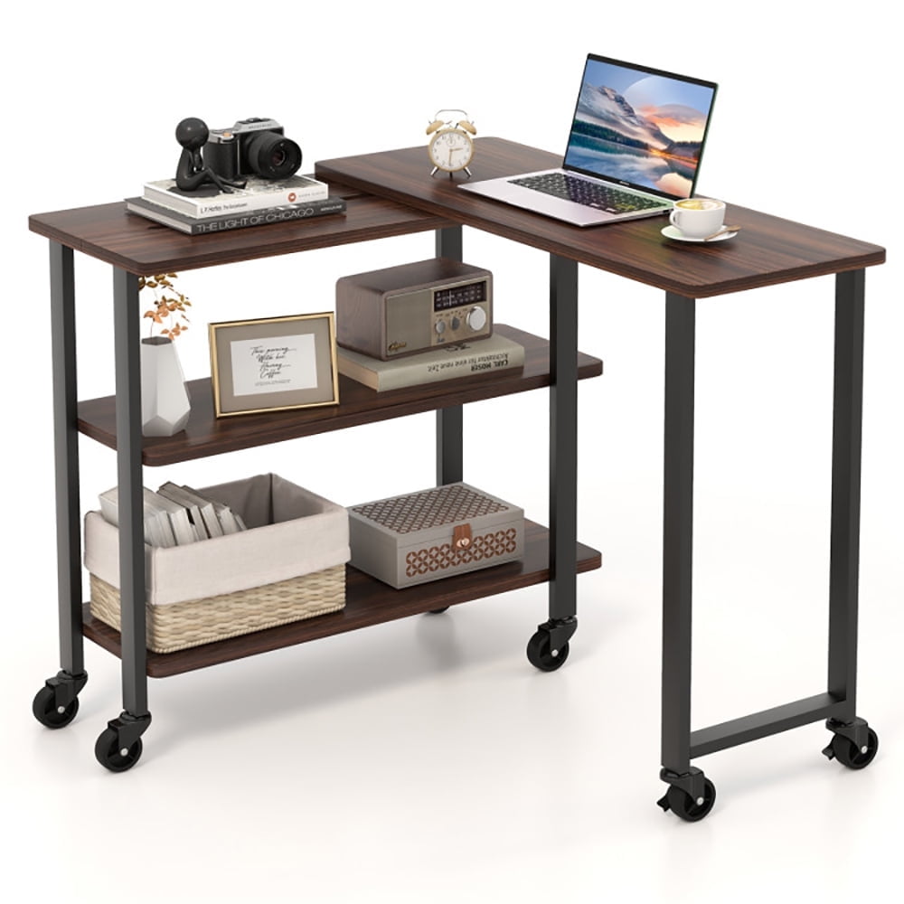 Demi Bonn 360° Free Rotating Sofa Side Table, Couch Table, Snack Table, End Table with Storage Shelves and Wheels for Home, Office, Walnut