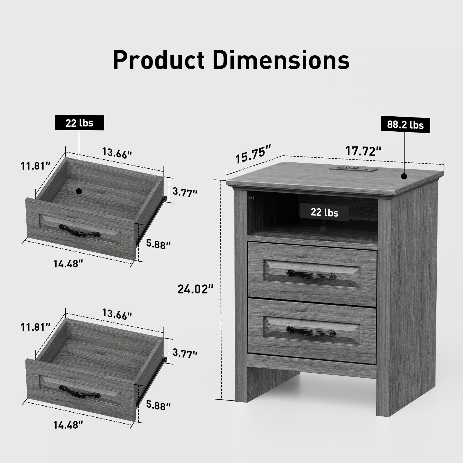 CHITOOMA 2-Drawer Nightstand with Charging Station, Farmhouse Bedside Table with Open Shelf, Small Wood End Table for Bedroom Living Room, Gray