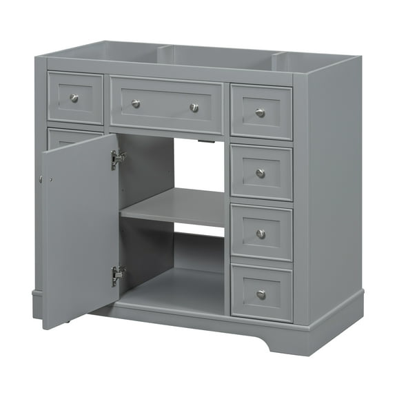 36" Bathroom Vanity without Sink, Cabinet Base Only, One Cabinet and Six Drawers, Grey