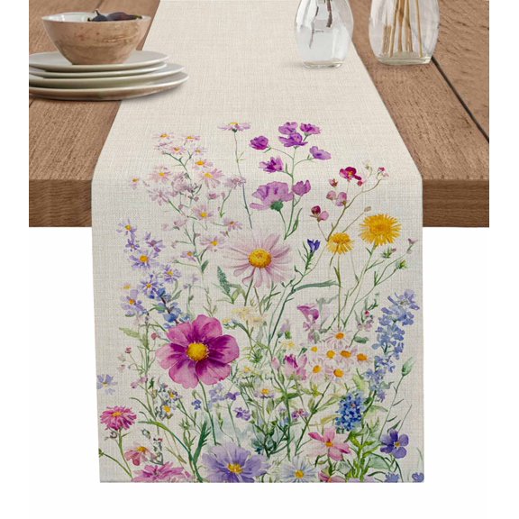Ldtrchee Spring Flowers Table Runner 70 Inches, Country Retro Colorful Botanical Plants Bed Runner Dresser Scarves Tabletop for Indoor Outdoor Parties/Ceremony/Banquet, 13" x 70"