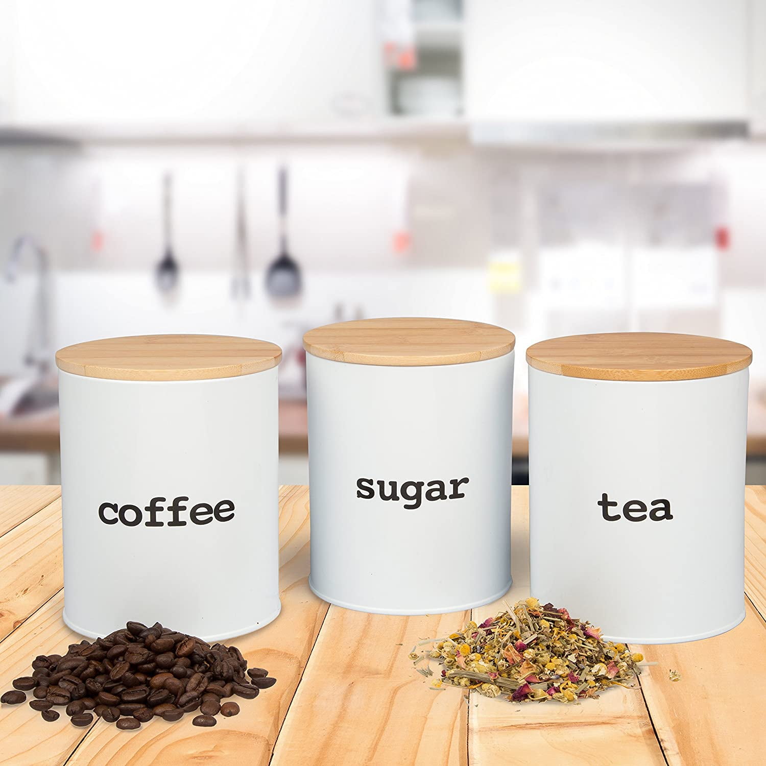 Kitchen Canister Set with Airtight Bamboo Lids- 3 Food Storage Containers for Coffee, Tee and Sugar