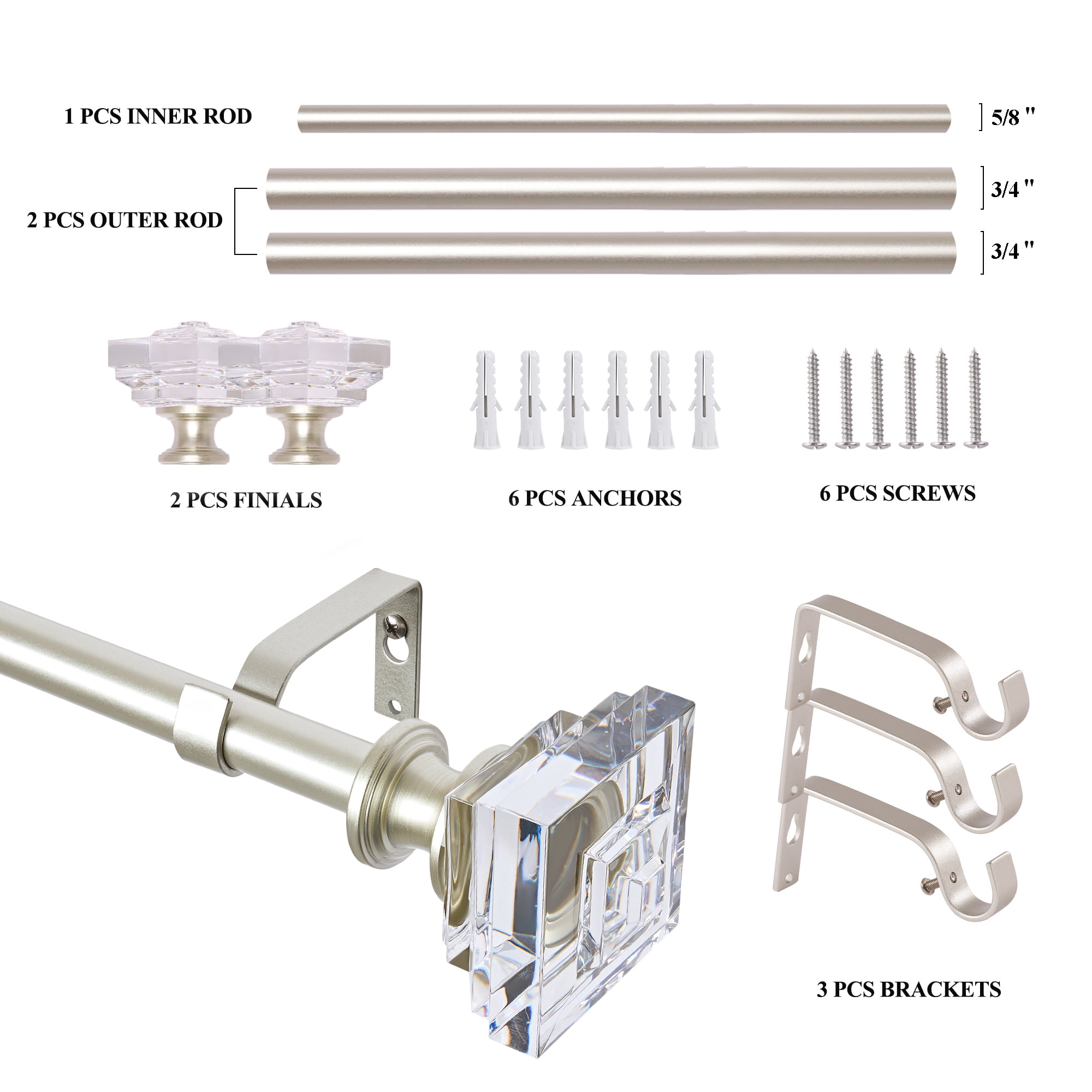 2 Packs Curtain Rod Adjustable Window Drapery Rods with clear acrylic plexiglass square finials, 3piece brackets, hardware kits. Champagne 48-86 inches.