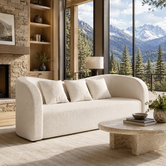 91" Sherpa Fabric Sofa, Modern Comfy Couch with 3 Throw Pillows, Solid Wood Frame, Fully Assembled Living Room Sofa for Home or Apartment