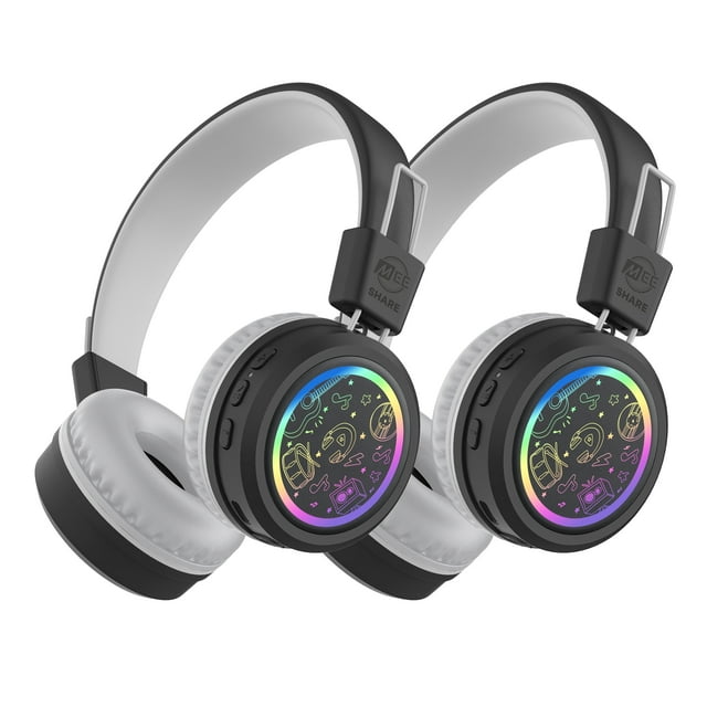 MEE audio Paquete de 2 Audífonos Inalámbricos Bluetooth KidJamz para Niños con Multipunto, Luces LED, Batería de 40 H; Micrófono; Audífonos para Niños para Escuela/aula/aprendizaje en Línea (KJ55BT-S