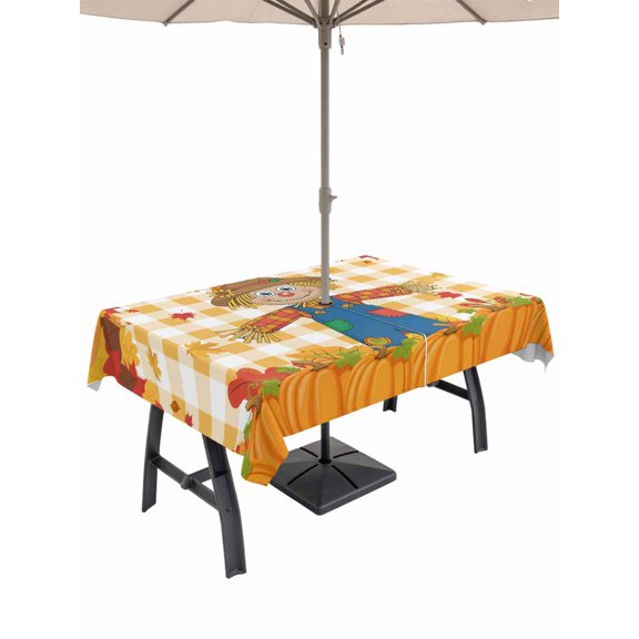Outdoor Tablecloth with Umbrella Hole and Zipper, Fall Pumpkins Rectangle Table Cloth 54x80 Inch Waterproof Tablecloth, Straw Man Thanksgiving Leaves Orange Check Picnic Table Cover for Patio Camping