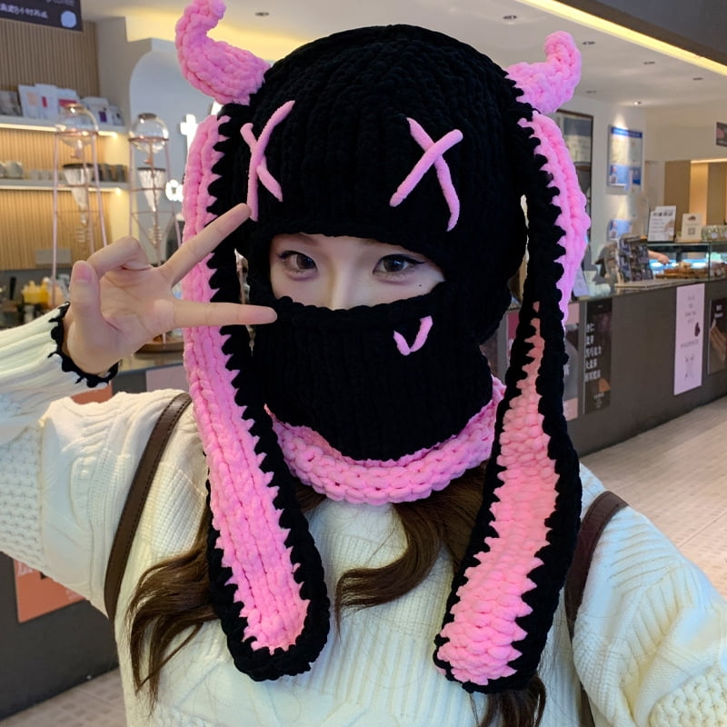 Bunny Ear Hat, Knitted Winter Beanie, Pink Bunny Ear & Devil Horn Balaclava Mask for Women – Soft Polar Winter Mask, Cute Cosplay & Halloween Costume Accessory