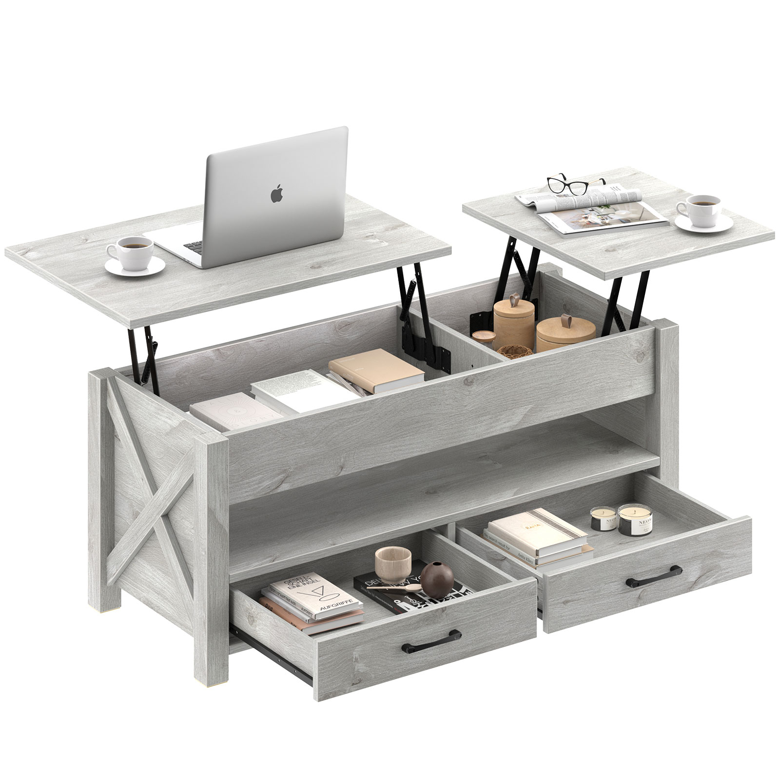 Greenstell Lift Top Coffee Table 47.2"with Drawers and Hidden Compartment,Gray