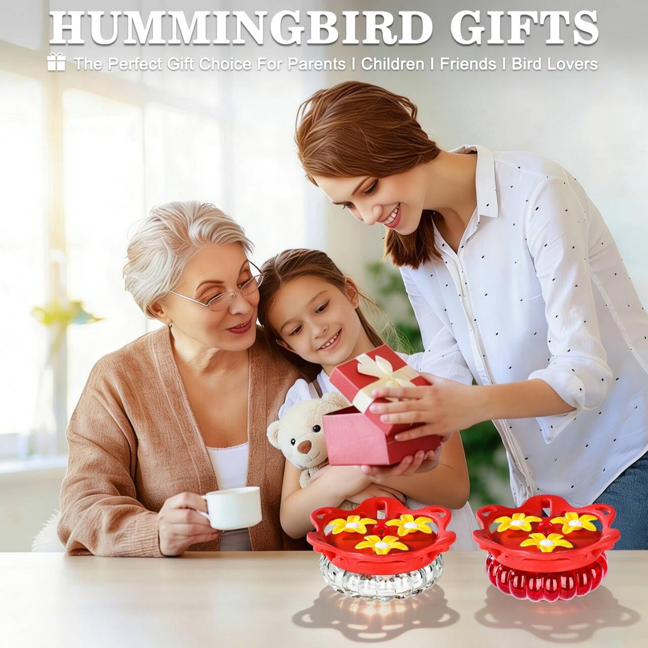 Set of 2 Glass Hummingbird Feeders for Outdoors Hanging with 3 Bee Guard Feeding Ports, 3.4OZ Handheld Humming Birds Feeders for Outside, Gifts for Women Mom, Red