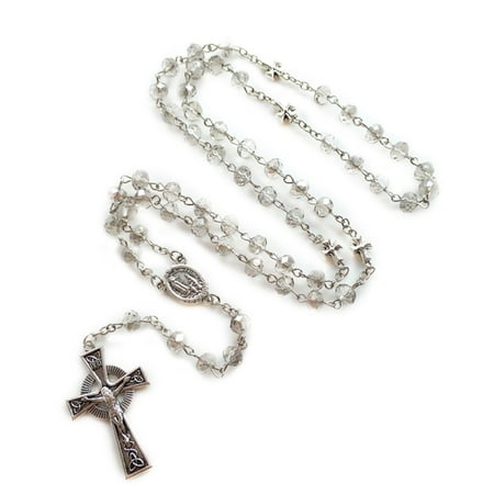HEMLBOYW Catholic Gray Crystal Beads Rosary Necklaces with Cross Rosaries Communion Rosary Necklaces Religious Jewelry Alloy, Crystal