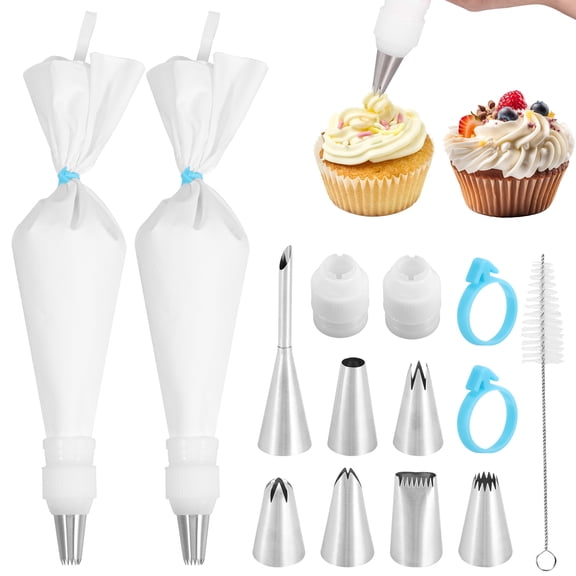 14 Pcs Piping Bags and Nozzles Set Reusable Cake Decorating Kit with Reusable Piping Bags Cleaning Brush Stainless Steel Nozzles Kits for Desserts Baking