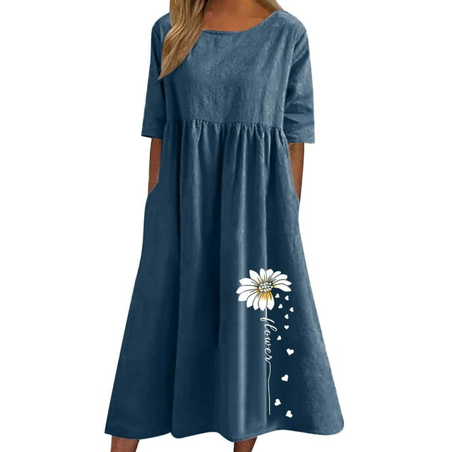 QIPOPIQ Robe Longue Décontractée pour Femme en Coton et Lin, Ample, Unie, Plissée, Manches Courtes, Robes Midi, Liquidation