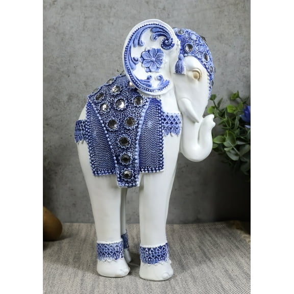 Feng Shui Ming Style Blue And White Floral Design With Crystals Elephant Statue