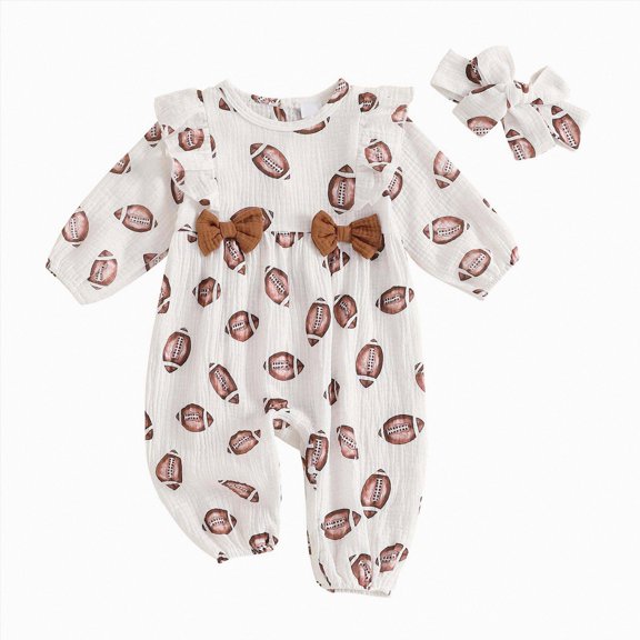 Splozh Newborn Infant Baby Girl Clothes Baby Girl Football Outfit Ruffle Jumpsuit Puff Sleeve Linen Romper Headband Fall Clothes, White, 3-6 Months