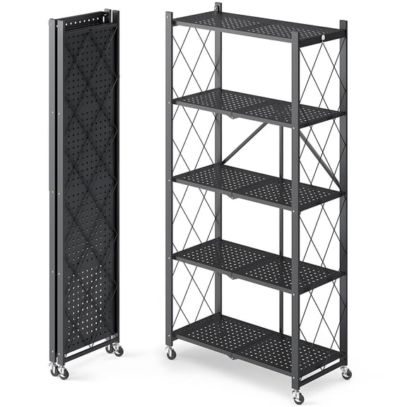 Foldable Heavy-Duty Metal Rolling Storage Shelf, 3/4/5-Tier Collapsible Shelving Unit with Lockable Wheels, Mobile Organizer for Kitchen, Pantry, Closet, Garage & Office