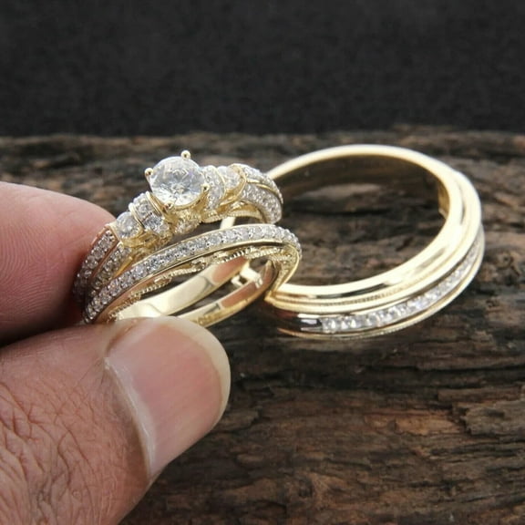 14K Yellow Gold Plated Round Cut Simulated Diamond Men's Women's Trio Ring Set