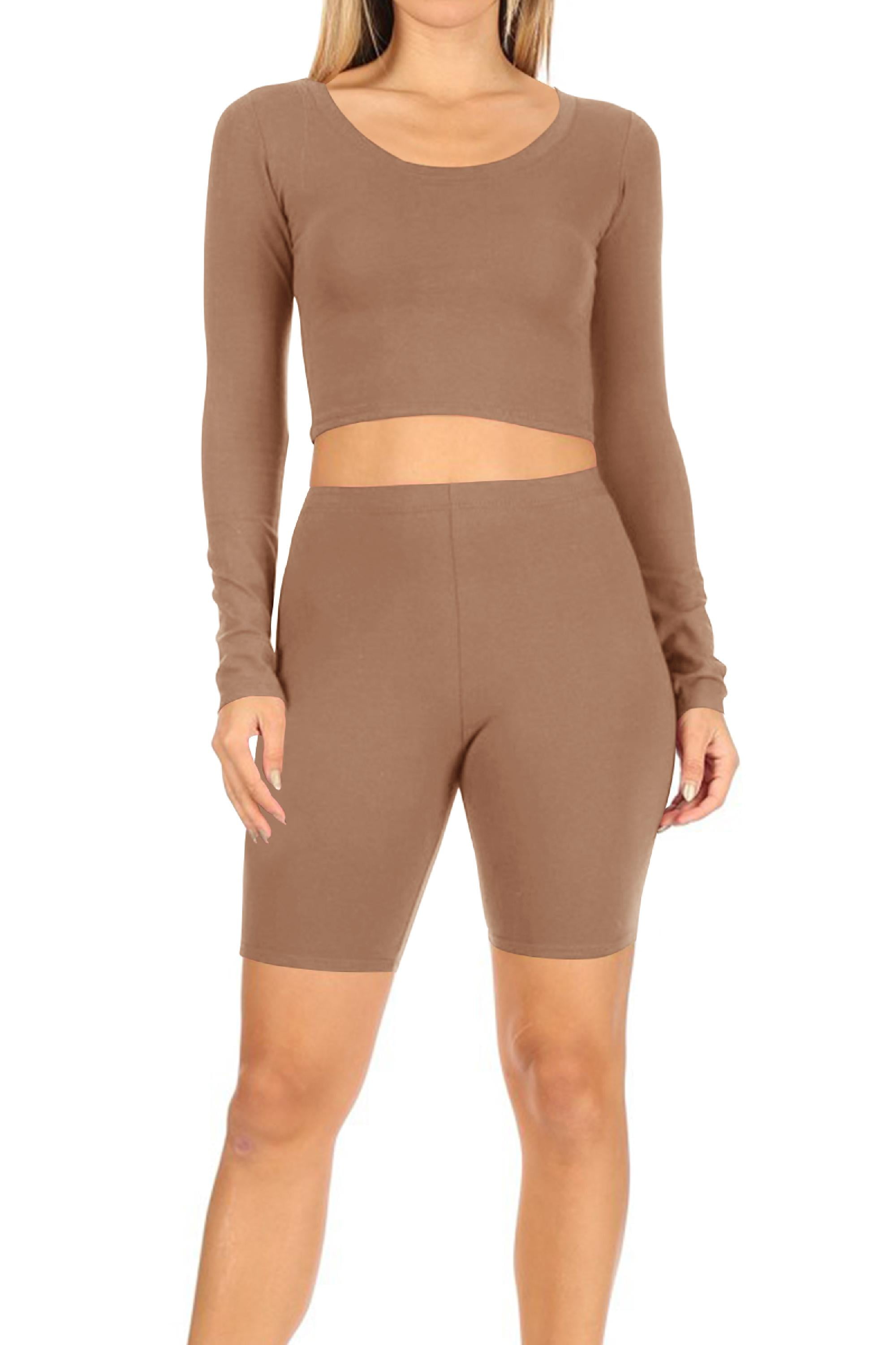 Long Sleeve Crop Top Biker Shorts Pants 