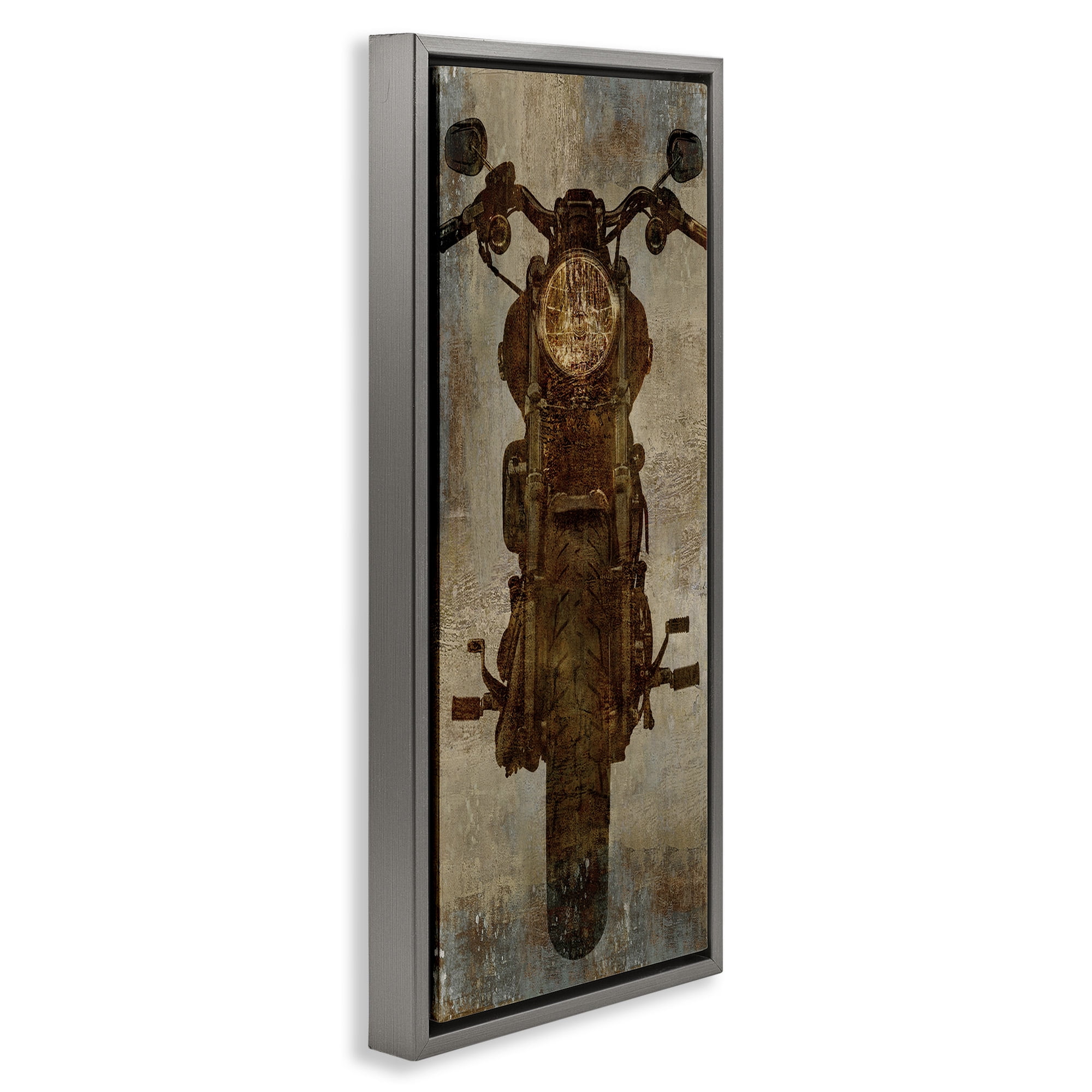 Stupell Industries Motorcycle Silhouette Rustic Pattern Transportation Painting Gray Floater Framed Canvas Art Print Wall Art, 15 x 31