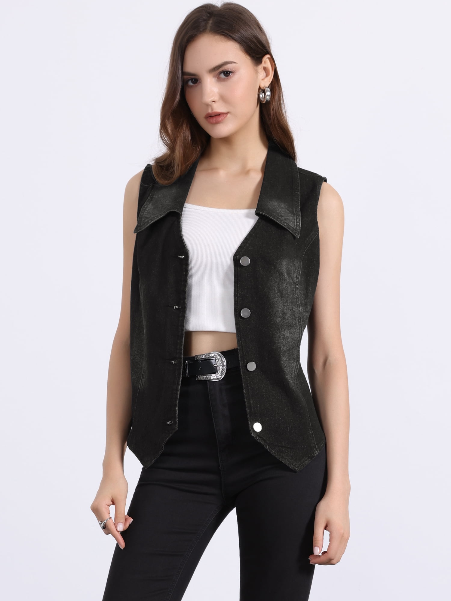 DARING DIVA Women's Denim Vest Sleeveless Jean Jacket Tops Button Down Waistcoat L Black