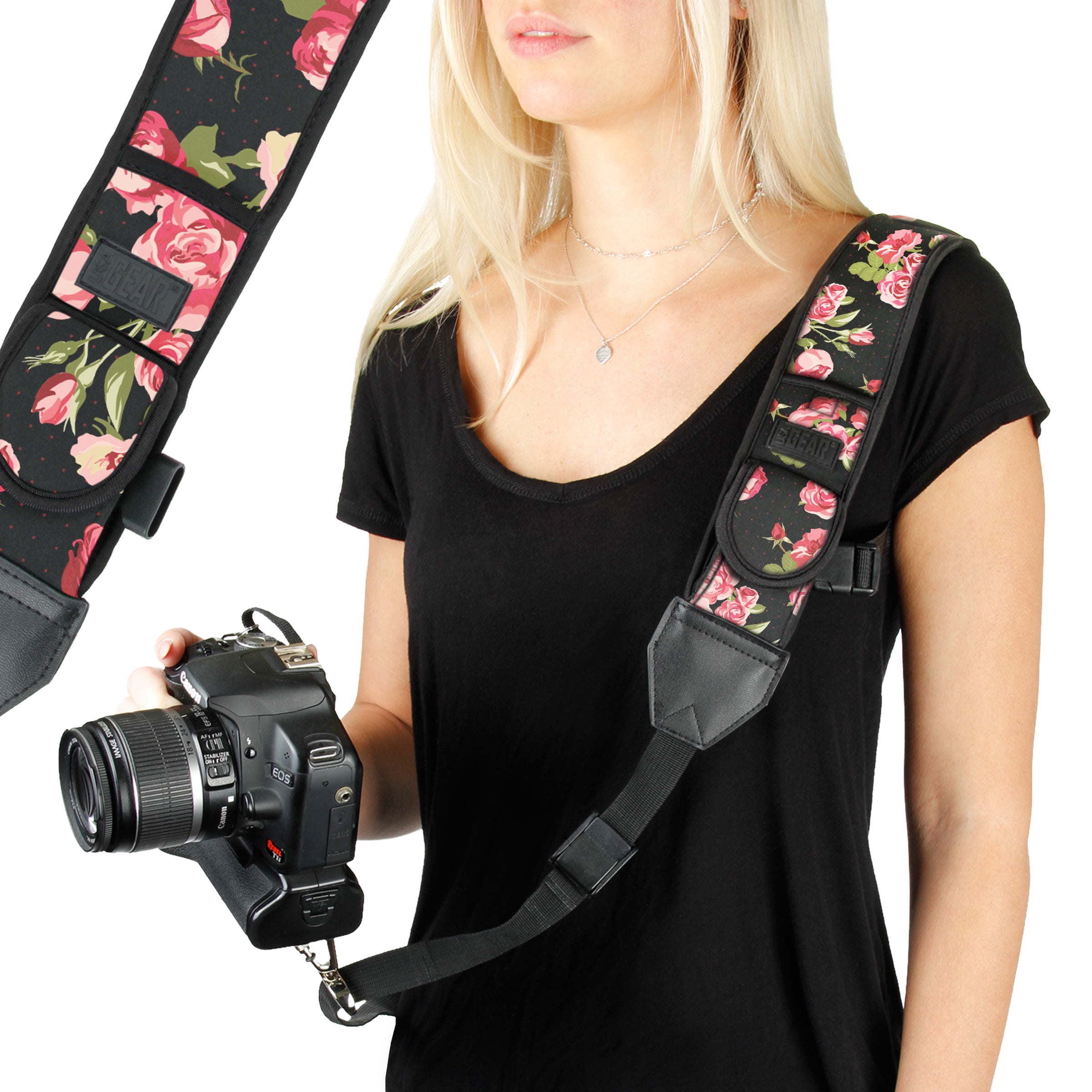 Compatible with Canon Quick Release Buckles and Accessory Storage Pockets Instant Cameras Nikon USA Gear DLSR Camera Strap Shoulder Neck with Polka Dot Neoprene Padding Sony and More Mirrorless
