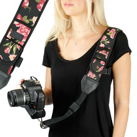 USA GEAR Camera Strap Shoulder Sling with Adjustable Floral Neoprene , Safety Tether , Accessory Pocket , Quick Release Buckle - Compatible with Canon , Nikon , Sony and More DSLR , Mirrorless