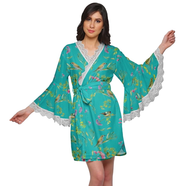 Moomaya Peignoir en Coton pour Femmes Robe de Chambre Imprimée Courte pour Douche Nuptiale