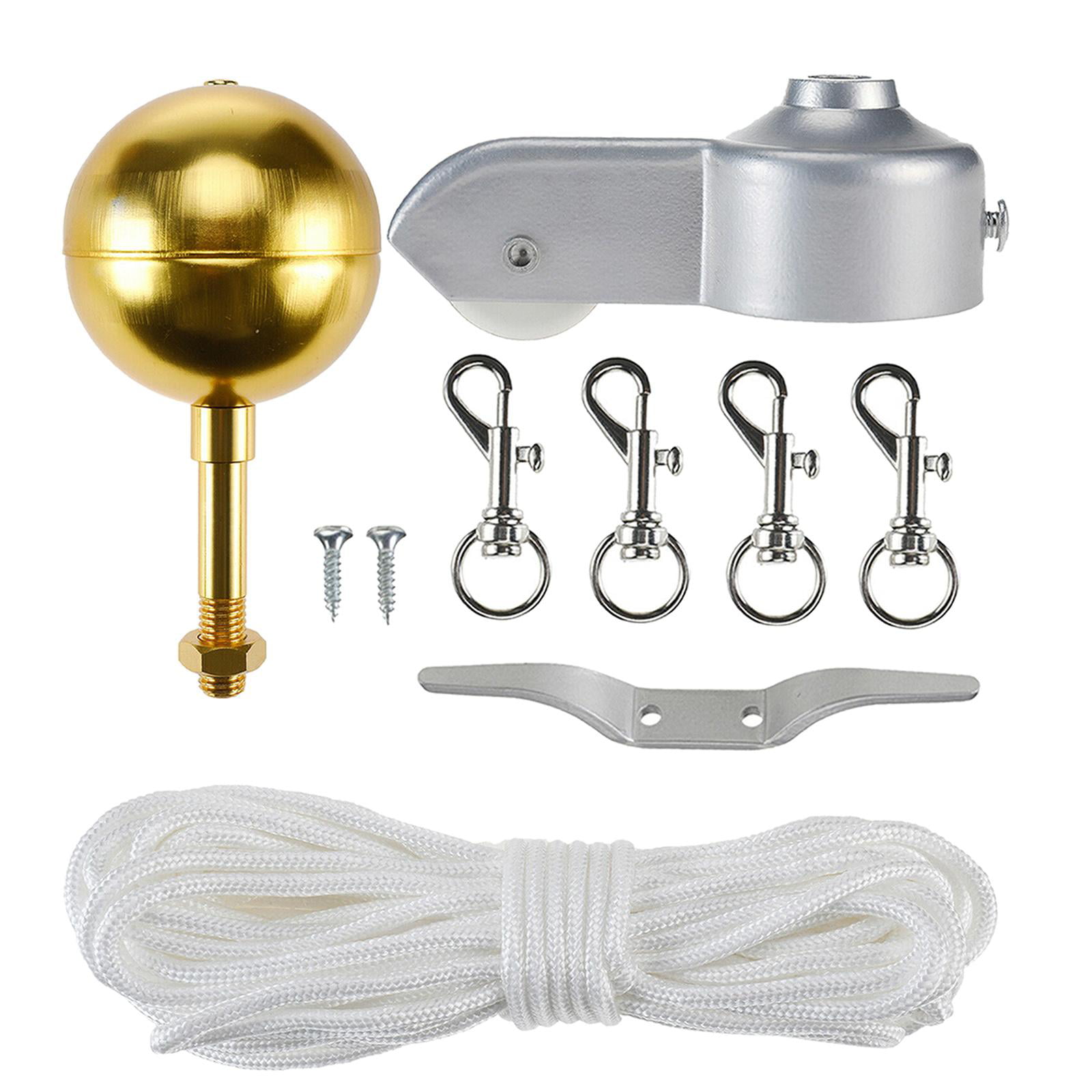 FLAG POLE PARTS REPAIR KIT 2" Diameter Truck Pulley Gold Ball Cleat Clips Rope 